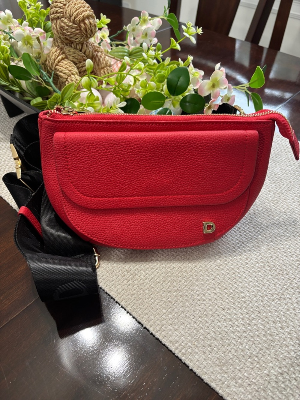 Danier Leather Red Pebbled Leather Crossbody Belt Bag with Black Strap